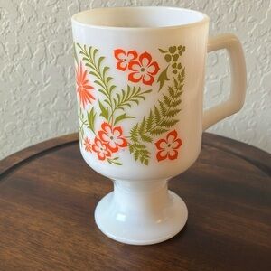 Vintage: 1970s Floral White Milk glass Mug with Handle